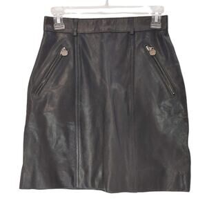 Hugo Buscati Milano Pencil Mini Skirt Black Leather Zip Pockets Womens Size 6